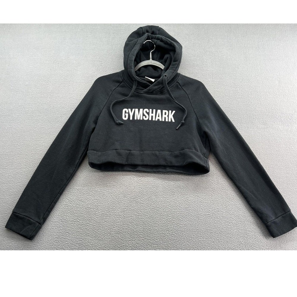 Gymshark Hoodie Women's Small Black Cropped Hoodie Spellout Logo Pullover Gym